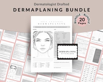 May include: A black and white printable bundle of 20 pages for a dermaplaning service. The bundle includes a skin analysis form, a dermaplaning aftercare form, and a client intake form. The bundle is designed to be used by a dermatologist or esthetician.