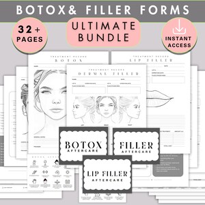 Botox and Filler Template Forms Bundle, Aesthetic Injectables Patient Intake & Informed Consent,  Medspa Aftercare Card, Face Chart Record