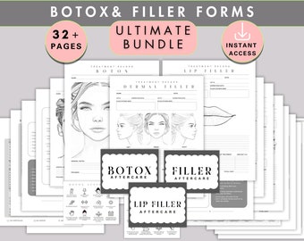 May include: A black and white printable set of forms for Botox and Dermal Filler treatments. The set includes 32+ pages and features illustrations of faces and lips. The text "BOTOX & FILLER FORMS ULTIMATE BUNDLE INSTANT ACCESS" is displayed at the top of the image.
