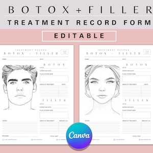 Formulario de tratamiento inyectable de Botox y relleno dérmico con gráfico facial Enfermera Inyector Clínica estética Plantilla de consulta Registro Spa médico