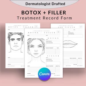 Formularios de registro de tratamiento con bótox y relleno dérmico editables, paquete de inyección de labios para enfermeras, diagrama de rostro inyectable para esteticistas de Medspa