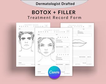 May include: Black and white printable treatment record forms for Botox and Filler treatments. The forms include areas for patient information, treatment details, and pricing. The forms are designed for use by dermatologists and other medical professionals.
