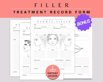 May include: A printable treatment record form for dermal fillers. The form includes sections for patient information, treatment details, and areas of treatment. It also features illustrations of the face and lips.