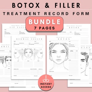 Lot de formulaires de dossier de traitement du patient par Botox et produits de comblement dermique, diagramme du visage des injectables, modèles de carte d'injection d'injecteurs pour infirmière Medspa