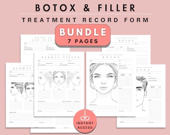 Lot de formulaires de dossier de traitement du patient par Botox et produits de comblement dermique, diagramme du visage des injectables, modèles de carte d'injection d'injecteurs pour infirmière Medspa