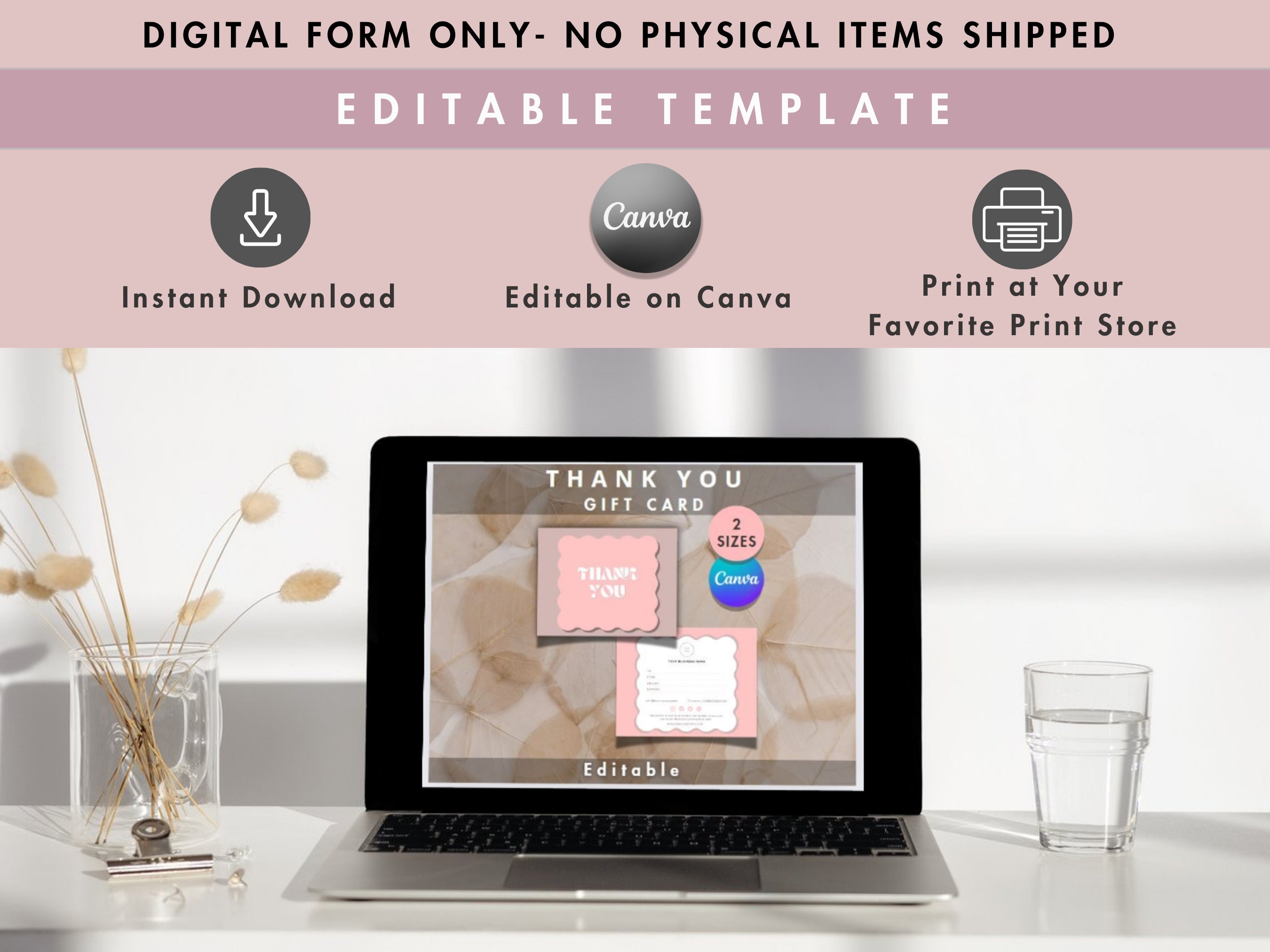 Elegant Pink Thank You Card Canva Editable Template DIY Digital ...