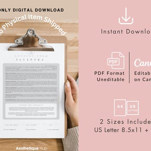 May include: A printable consent form for Sculptra, a dermal filler, in PDF format. The form is available in two sizes: US Letter (8.5x11 inches) and A4. The form can be edited in Canva.