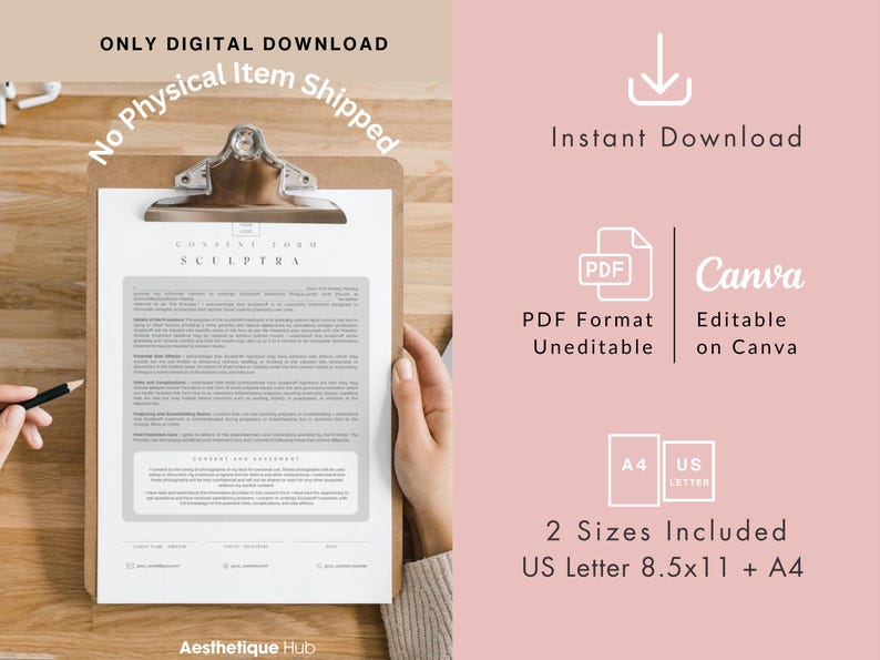 May include: A printable consent form for Sculptra, a dermal filler, in PDF format. The form is available in two sizes: US Letter (8.5x11 inches) and A4. The form can be edited in Canva.