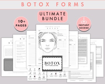 May include: A collection of printable Botox forms, including treatment records and aftercare instructions. The forms are in black and white, with the words "Botox Forms" and "Ultimate Bundle" at the top. Includes "10+ Pages" and "Instant Access".