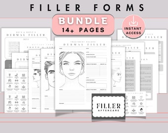May include: A set of printable dermal filler forms, including treatment records, photo guides, and aftercare instructions. The bundle contains 14+ pages with a clean, minimalist design, featuring line drawings of faces and informational icons. The forms are designed for instant access.