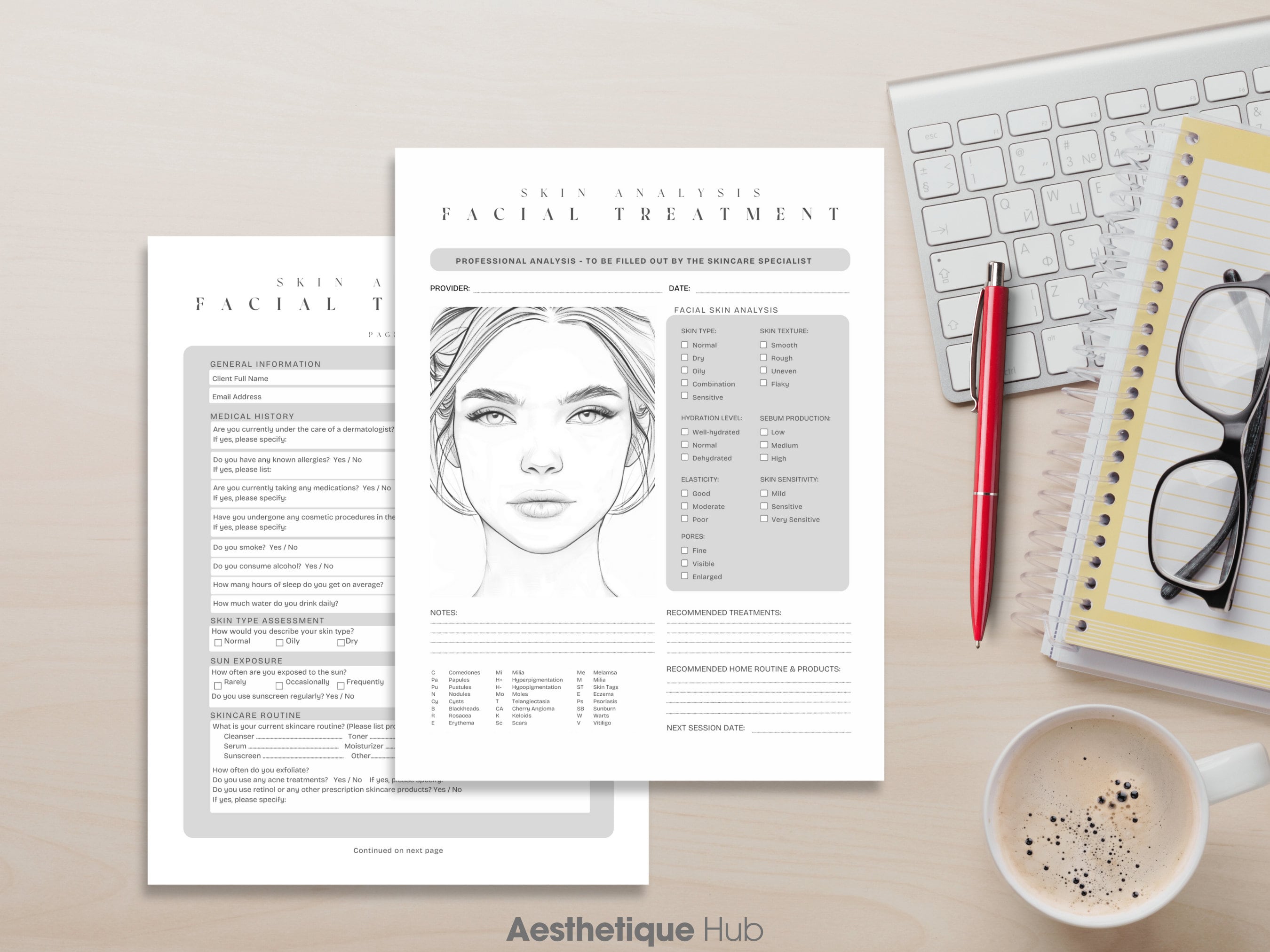 Client Face Card Skin Analysis Facial Form Template, Esthetician Aesthetic Skincare ...