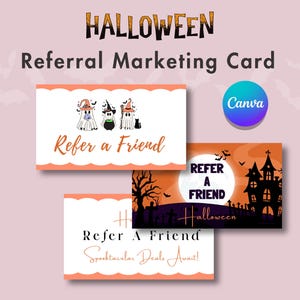 Cartão de desconto de indicação de amigo de Halloween, programa de indicação de cliente para impressão, modelo de recompensas de fidelidade editável do Canva, marca para pequenas empresas