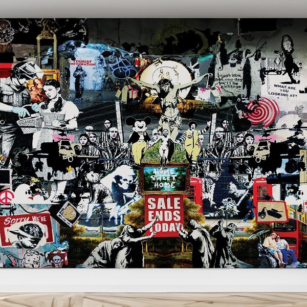 Banksy Graffiti Collage Wallpaper | Urban Street Graffiti | Best of Banksy's Masterpieces | Removable Wallpaper | Peel and Stick Wallpaper
