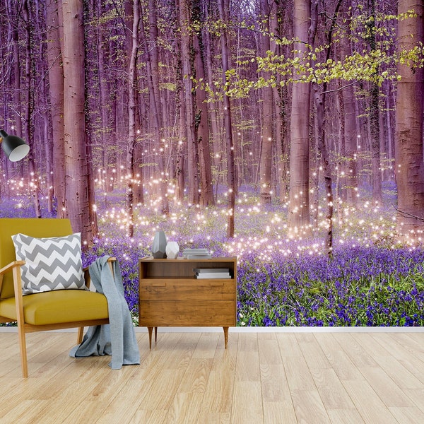 Enchanted Woodland of Fireflies | Bluebells | Fantasy Forest | Beautiful Shades of Purple | Removable Wallpaper | Peel and Stick Wallpaper