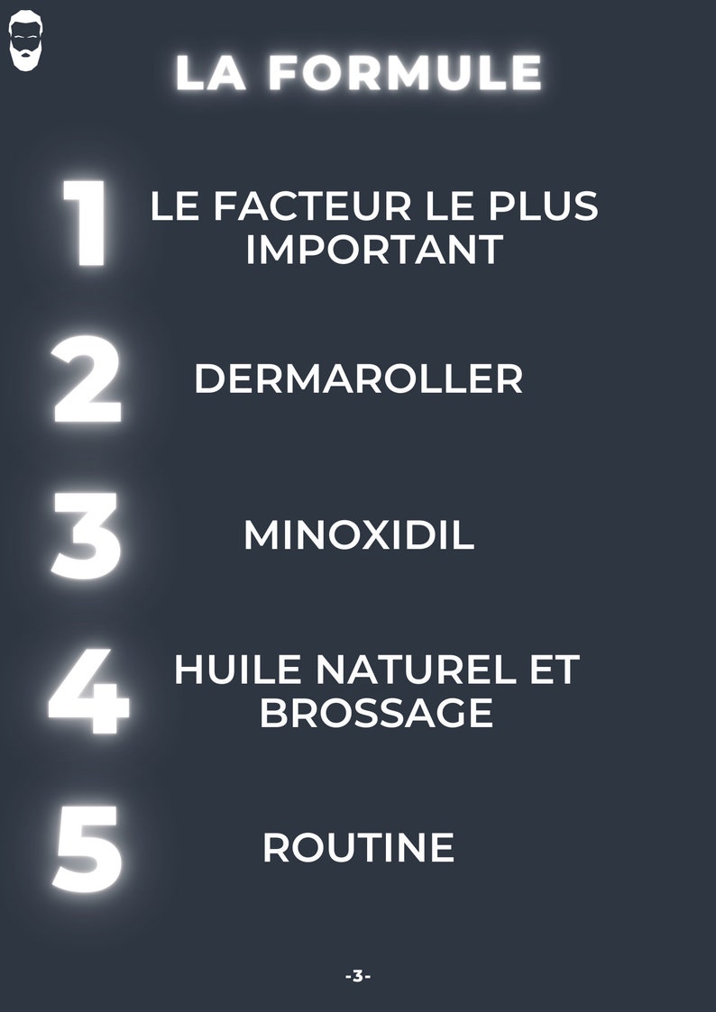 Op de afbeelding: Een witte grafiek op een donkere achtergrond geeft vijf stappen voor baardgroei weer, getiteld "La Formule". De stappen zijn: 1. De belangrijkste factor, 2. Dermaroller, 3. Minoxidil, 4. Natuurlijke olie en borstelen, 5. Routine.