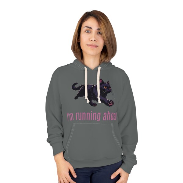 Black Cat running Pullover Hoodie (AOP), cat hoodie, lifestyle cat hoodie.