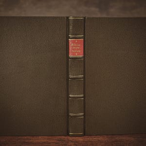 Puede incluir: Un libro antiguo cerrado, con una cubierta de cuero marr&oacute;n oscuro. El lomo, en un color contrastante, presenta el t&iacute;tulo "Bibliomysteries" en rojo. La imagen destaca el cuero texturizado y el dise&ntilde;o cl&aacute;sico del libro.