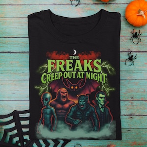 The Freaks Creep Out at Night | Halloween Cryptozoology | Gift men women top | Funny Mothman Alien Dracula Tee , weirdcore horror character