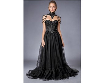 gothic wedding,Dark Fairy Prom dress,Ball gown, gothic prom dress, black wedding dress, corset ball gown, prom dress fairy