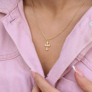 Dainty Gold Cross Necklace, 14k Gold Filled Cross Pendant, Minimalist Gemstone Cross Choker Necklace, Gift For Women