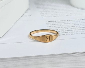 Dainty initial ring, Gold initial ring, tiny engraved ring, letter ring, personalised signet ring, custom ring gift for her