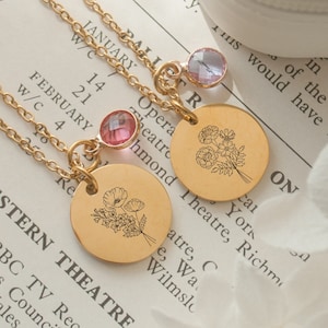 Gold Birth flower necklace, Personalized gift for her, Birth stone pendant, Family Birth Flower Bouquet Necklace, Christmas gift for her