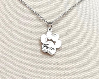Silver Paw Name Necklace, Personalized Dog Paw Necklace, dog name necklace, Engraved Paw Print Necklace, pet memorial necklace
