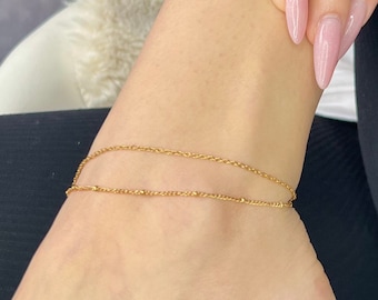 Gold-doppeltes zierliches Fußkettchen, goldenes Perlen-Fußkettchen, minimalistisches Ketten-Fußkettchen, wasserdichtes Fußkettchen, Gold-Schicht-Fußkettchen, Geschenk für sie