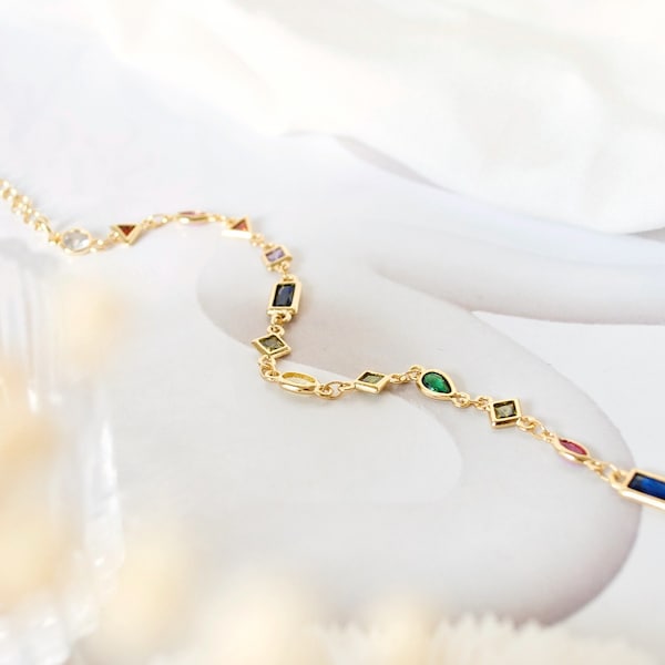 14k Rainbow Crystal Bracelet, Gold Charm Bracelet | Gold crystal  bracelet | Bridesmaid gift| Gold gift for her 14k Gold filled bracelet
