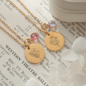 Gold Birth flower necklace, Birth stone pendant, gift, Family Birth Flower Bouquet Necklace, birthday gift for her, grandma gift