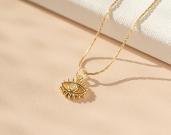 Handmade Gold Evil Eye Pendant – Waterproof Tarnish Free Necklace, Protection Charm, Dainty Spiritual Jewelry