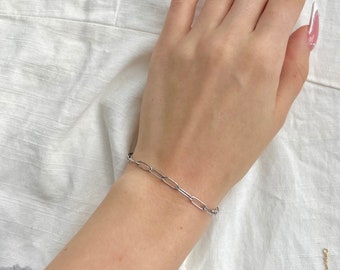 Silver Paperclip Chain Bracelet, dainty bracelet, White gold Link Bracelet, Gift for her, thin silver Bracelet, Minimalist Chain Bracelet