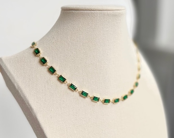 Gold emerald necklace, gold filled charm necklace, gemstone crystal choker necklace, statement necklace for women, emerald choker necklace