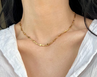 18k gold cross choker necklace, dainty cross necklace, gold charm choker, minimalist gold necklace, gift for her, handmade necklace