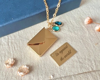Gold Envelope Necklace, Secret message pendant, birthstone envelope necklace Hidden message necklace gold engraved pendant gift for her