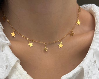 Gold Star Choker Necklace, Dainty Sterling Silver Boho Celestial 