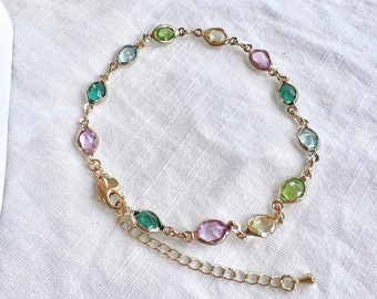 Tobillera de cristal arco iris, Tobillera de encanto de oro / Pulsera de tobillo de cristal de oro / Regalo de dama de honor / Regalo de oro para su tobillera hecha a mano de oro de 14k