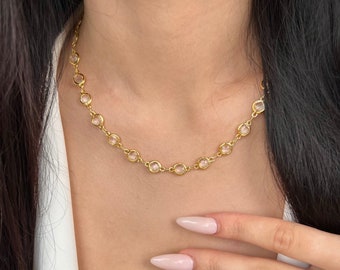14k gold crystal necklace, dainty gold charm choker necklace, gemstone necklace for women, gold handmade necklace for her, gift for her