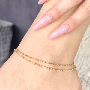 Gold double dainty anklet, beaded gold anklet, minimalist chain anklet, waterproof anklet, gold layer ankle bracelet, gift for her