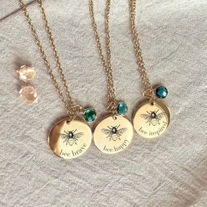 Gold bee necklace, gold bee engraved pendant, bee jewelry, motivation necklace, bee lover gift, birthstone necklace, birthday gift