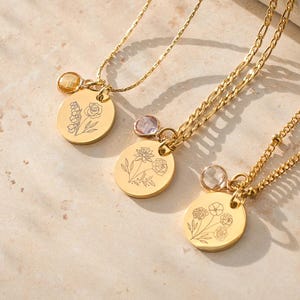 Gold combined Birth flowers bouquet, gold engraved flowers pendant, gift for mum, family necklace, flowers gift flowers necklace birth stone