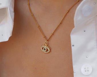 Waterproof Gold Evil Eye Pendant – Handmade Tarnish Free Necklace, Spiritual Good Luck Charm Jewelry
