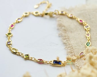 Bracelet de cheville en cristal arc-en-ciel 14 carats, Bracelet de cheville à breloques dorées | Bracelet de cheville en cristal doré | Cadeau de demoiselle d'honneur | Cadeau en or pour elle