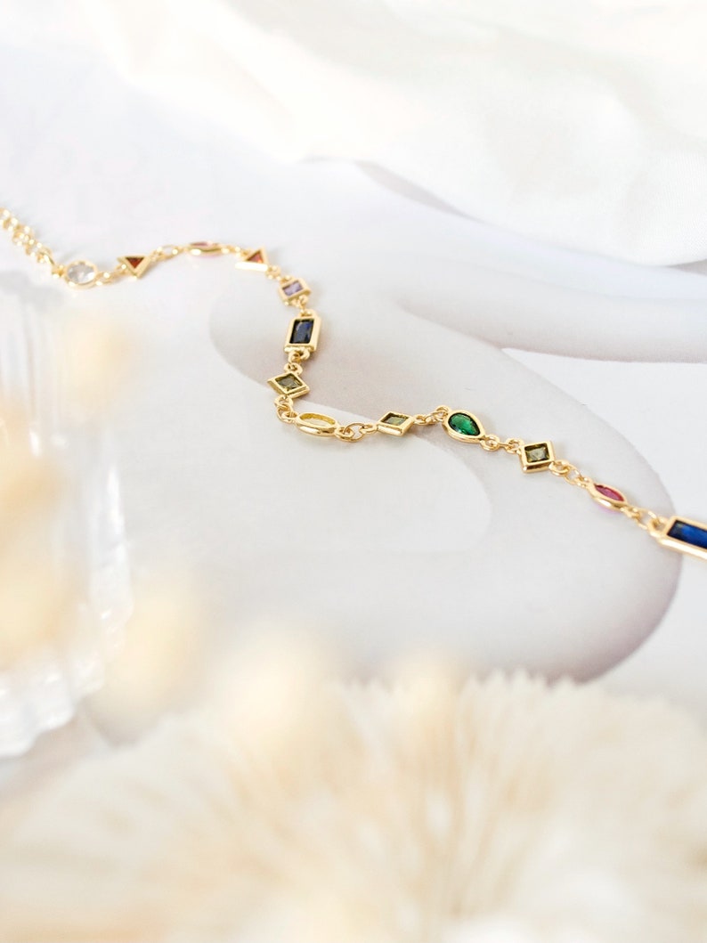 14k Rainbow Crystal Anklet, Gold Charm Anklet Gold crystal ankle bracelet Bridesmaid gift Gold gift for her 14k Gold filled anklet image 3