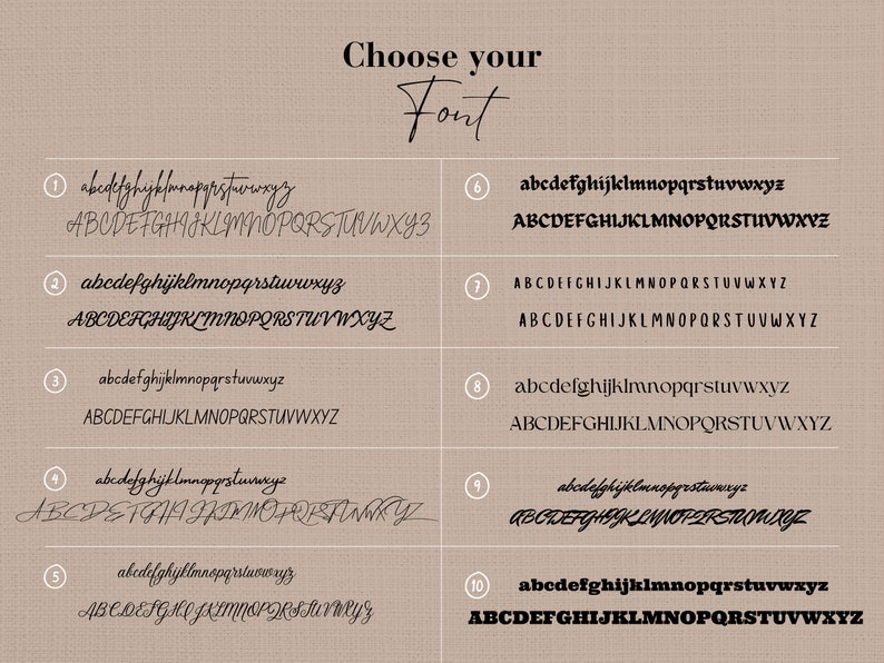 May include: A graphic showing ten different font styles. Each font style is shown in lowercase and uppercase letters. The font styles are numbered 1 through 10.