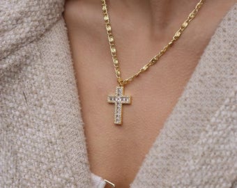 Chunky Gold Cross Necklace – Crystal Cross Pendant, Bold Christian Jewelry, Religious Gift for Her