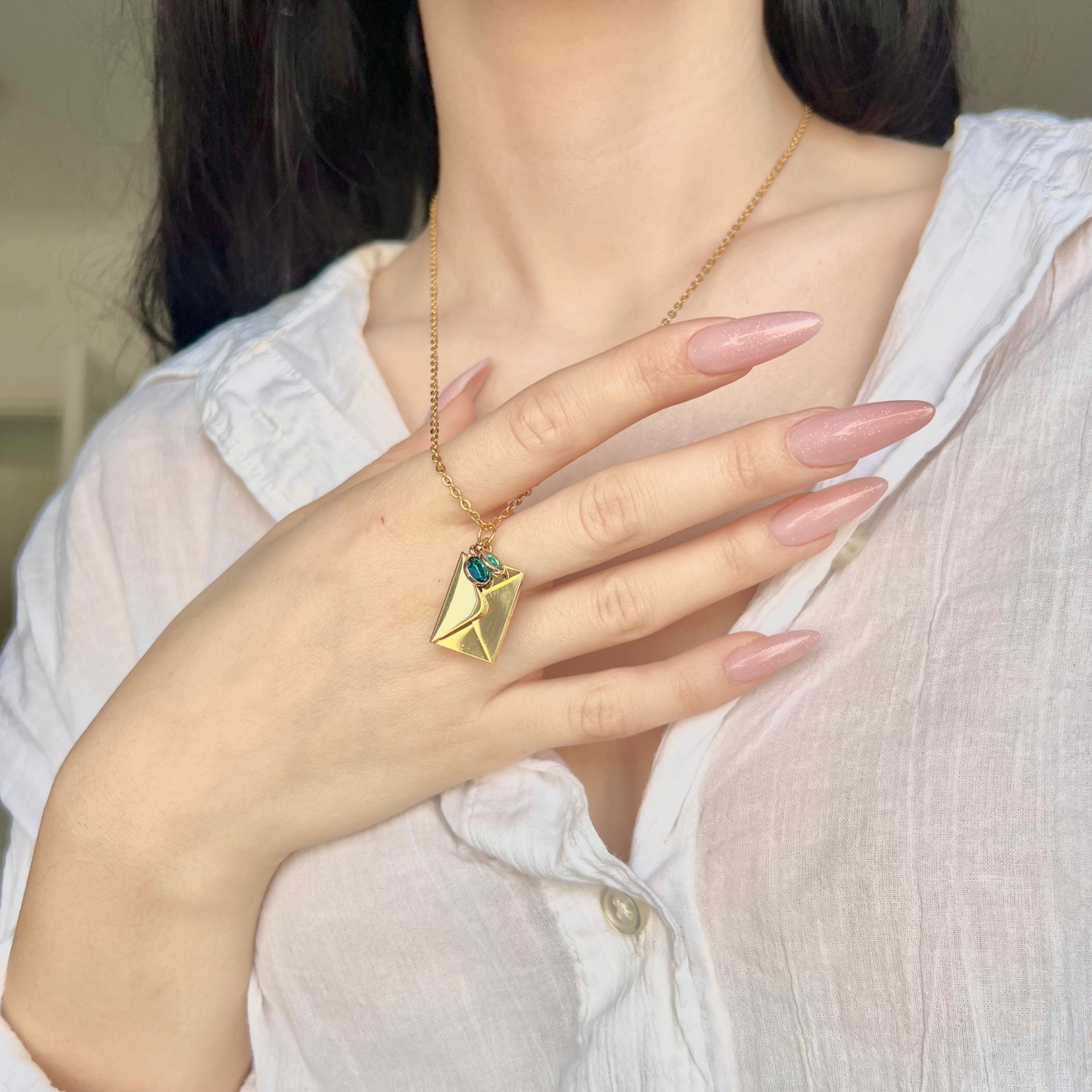 Gold Envelope Necklace, Secret message pendant, birthstone envelope necklace Hidden message necklace gold engraved pendant gift for her
