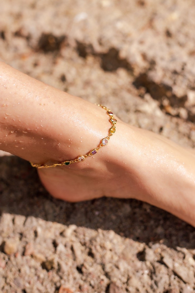 14k Rainbow Crystal Anklet, Gold Charm Anklet Gold crystal ankle bracelet Bridesmaid gift Gold gift for her 14k Gold filled anklet image 2