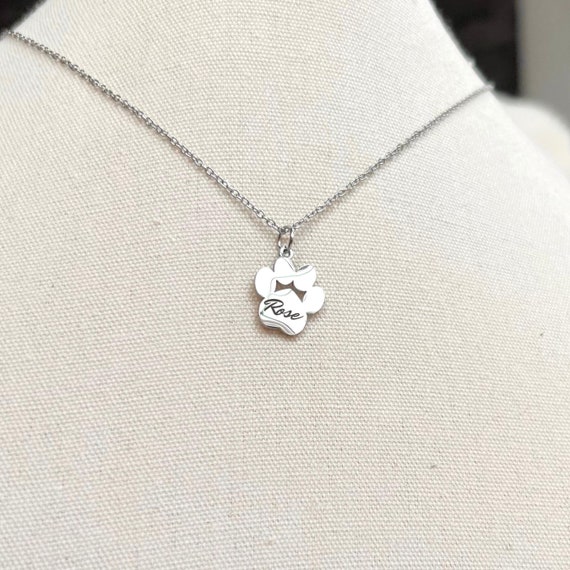 Silver Paw Name Necklace, Personalized Dog Paw Necklace, dog name necklace, Engraved Paw Print Necklace, pet memorial necklace