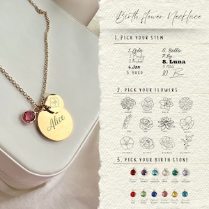 Gold Engraved Birth flowers necklace, gold flowers pendant, gift for mum, family necklace, flowers gift flowers necklace birth stone